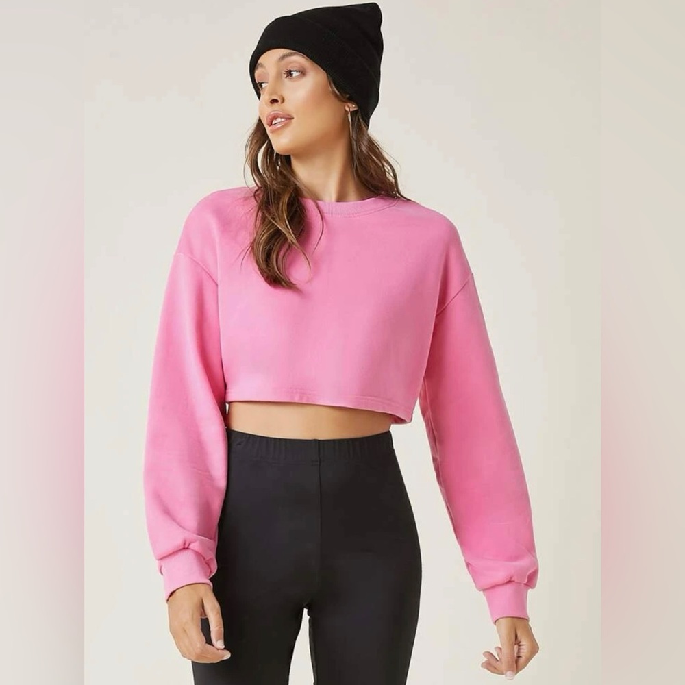 SHEIN BASICS Cotton Drop Shoulder Crop Pullover in Pink